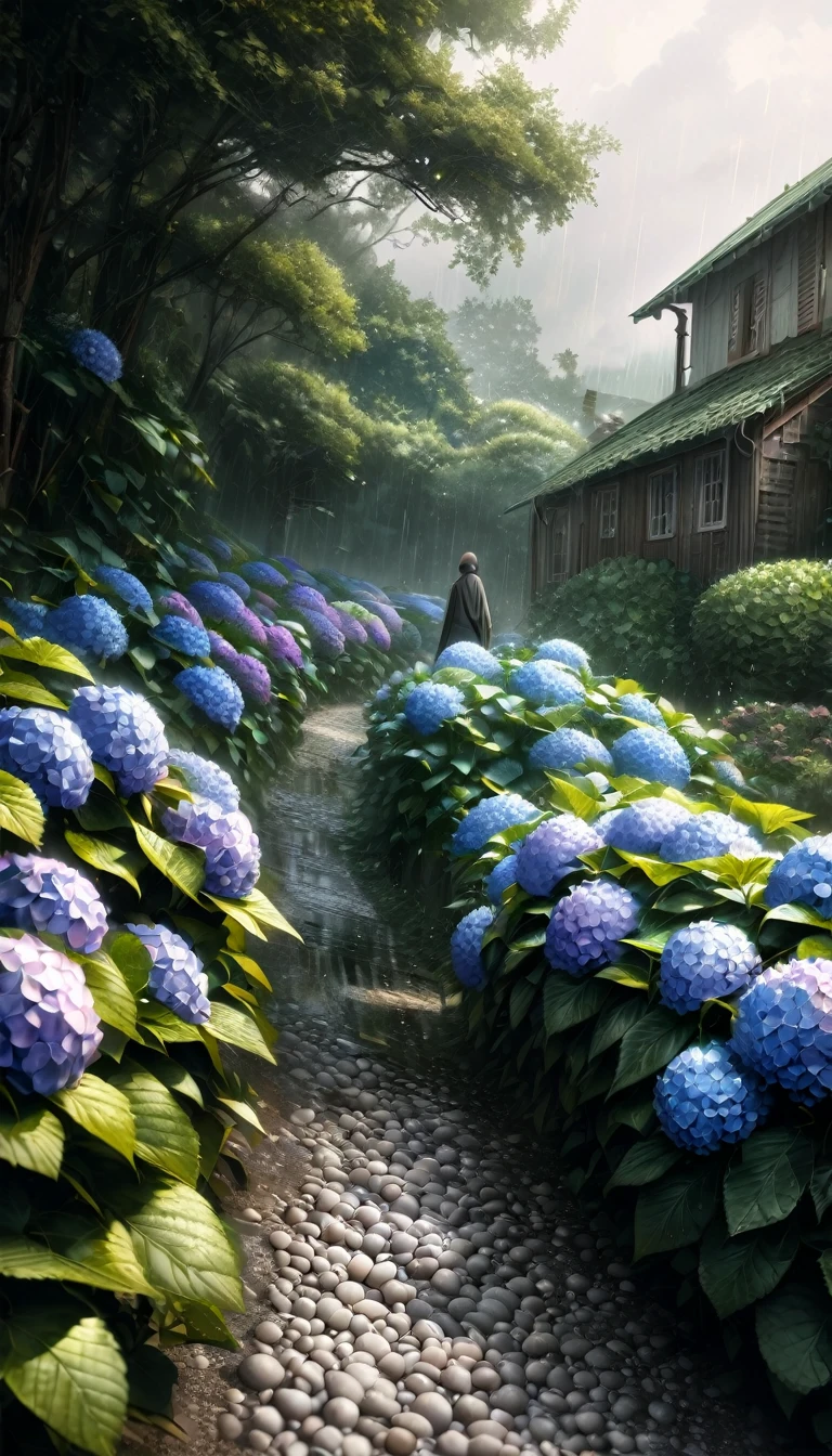(highest quality:1.2, Very detailed, up to date, wallpaper, Ultra-high resolution, Photorealistic, masterpiece:1.2, highest quality, Best aesthetics),Hydrangea, garden, Light rain is falling, Small Slope, Pebble Road, Soft Light, Dark color palette, Loneliness, Silence.