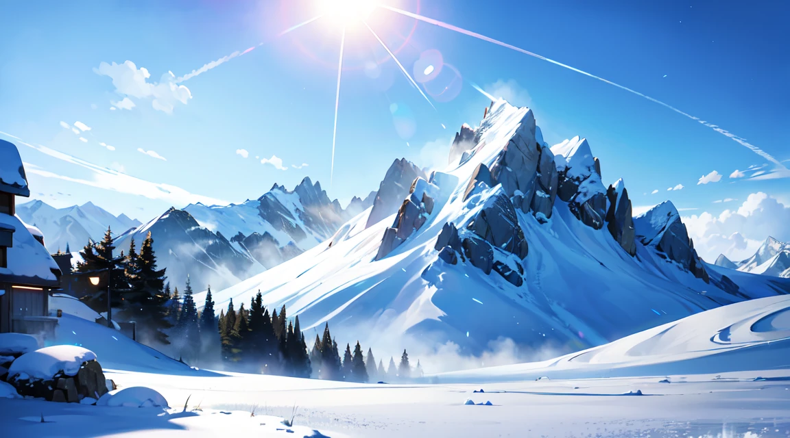 (RAW Photos, Best Quality), (animesque: 1.2), Mountains々, snowscape, sunny sky, Soft lighting, High quality, Professional Lighting, Photon mapping, Physically Based Rendering,