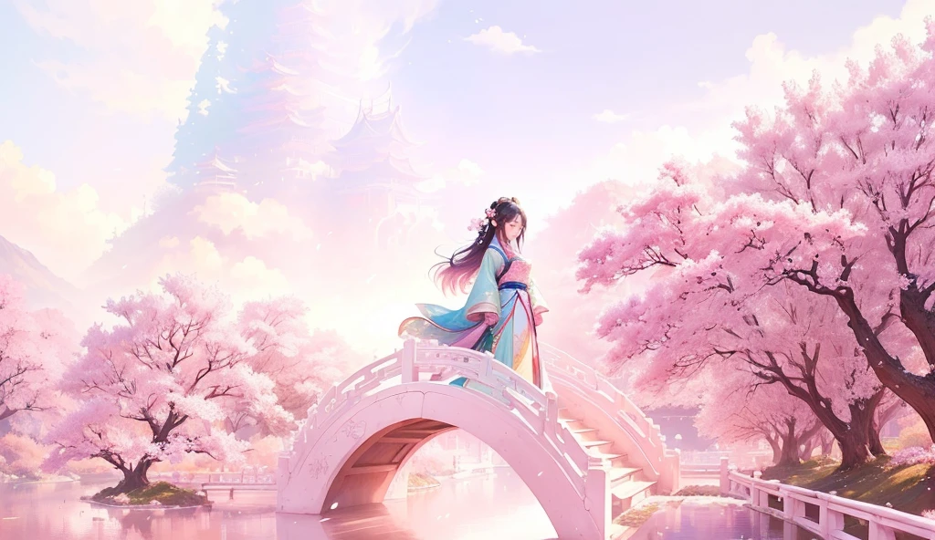 A woman stands on a bridge in a pink park, A beautiful artistic illustration, Chinese Fantasy, Beautiful animation, 男孩 女孩 传统 romantic, Beautiful digital artwork, Anime beautiful peaceful scene, The most beautiful scenery, Concept Art, romantic, Popular on cgstation, Beautiful digital art, Anime Background, xianxia fantasy, palace ， Girl wearing Hanfu