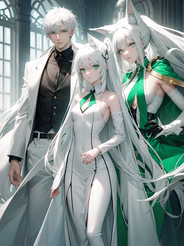 A psychologist with a white coat and wolf ears, beautiful, albino, tall, 28 years old, with his two twin sisters with emerald green eyes.