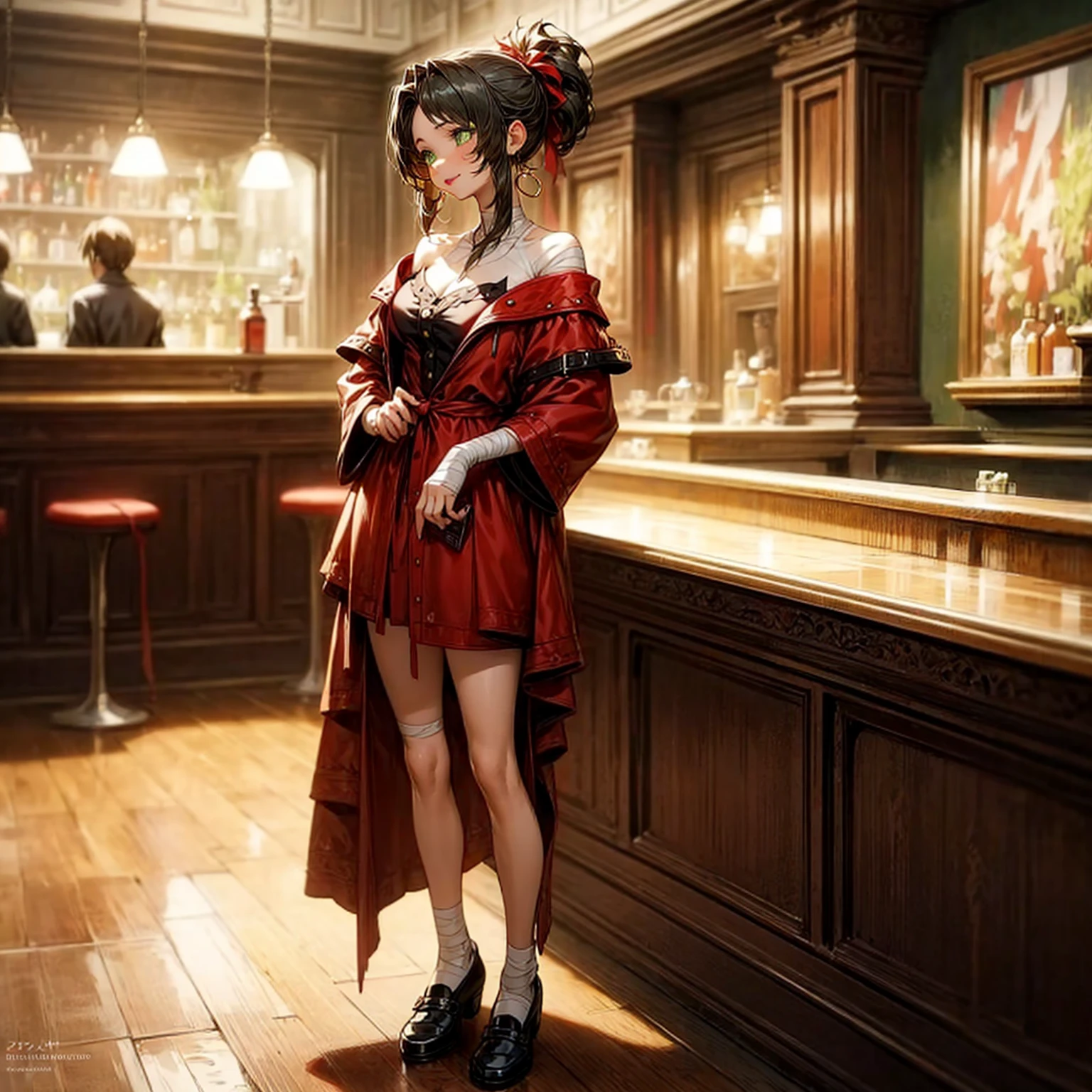 solo, young girl, green eyes, short haircut, ponytail, black hair, bare shoulder clothing, casual outfit, shoes, Bandage, hoop earrings, red lipstick, indoor, medieval town, bar, morning day, full body version, full shot camera, (detailed background, detailed hair, detailed clothing), (Bleach style art), big breasts, sad eyes, smile mouth, standing gesture 