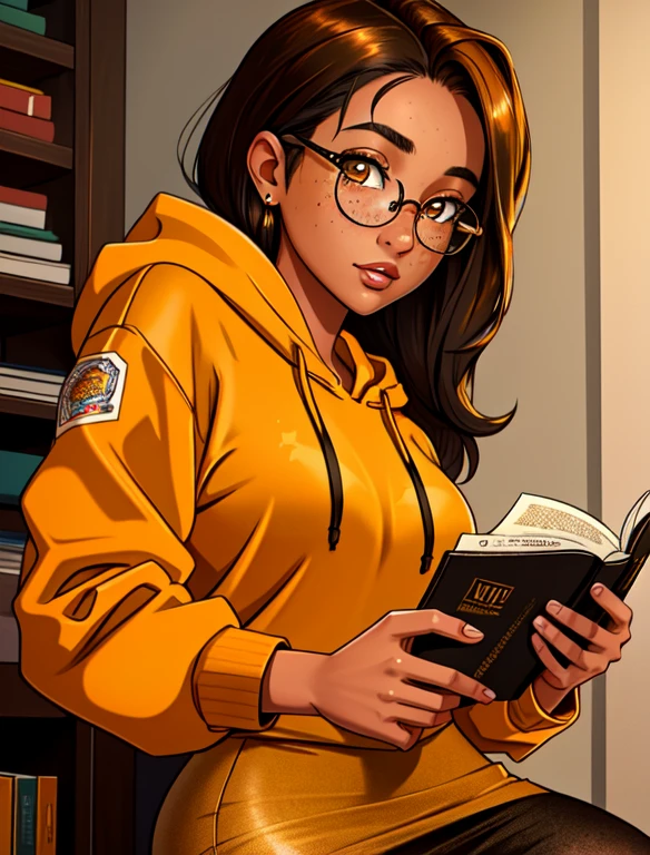 (masterpiece,best quality,absurdres,beautiful,aesthetic,detailed), (Detailed face:1.2), (Detailed eyes:1.2), 1girl, solo, 20 year old college student, she has tan-bronze skin with some freckles, short black hair with orange highlights, amber colored eyes, (she's wearing a yellow hoodie, black pencil skirt and reading glasses)