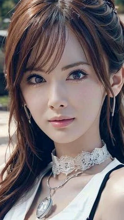 Close up portrait of woman in white vest and skirt, light milky white porcelain skin, smooth translucent white skin, A seductive anime girl, beautiful and seductive anime woman, ultrarealistic sweet bunny girl, pale porcelain white skin, Smooth and realistic perfect body, Anime girl cosplay, realistic shadow perfect body, guweiz masterpiece、(Nipple Covers)、(Choker Necklace)、(Platinum Jewelry)、(Lace-up costume)、(Sad expression)