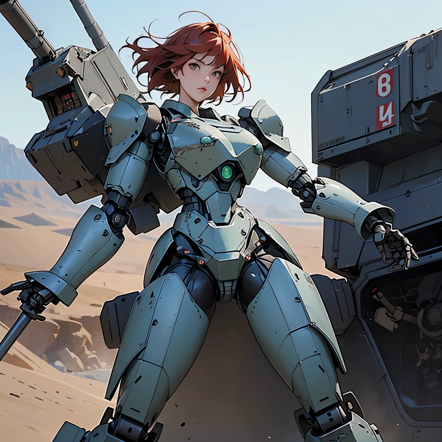 nsfw, anime screencap, 16K, perfect anatomy proportion body, perfect hands, action, A dynamic composition with a sense of speed and movement, (open cockpit, Ride a large, heavily armored military bipedal robot:1.6), a wife, 40age, perfect beautiful delicate sexy face, perfect beautiful delicate slanted eyes, red hair, swept bangs pixie cut, medium breasts, Camouflage colored heavy armor robotic steam engine full armor powered suit, Many robot soldiers having a gunfight in the background, Flying bullets, Desert Battlefield, war, Post-apocalyptic,