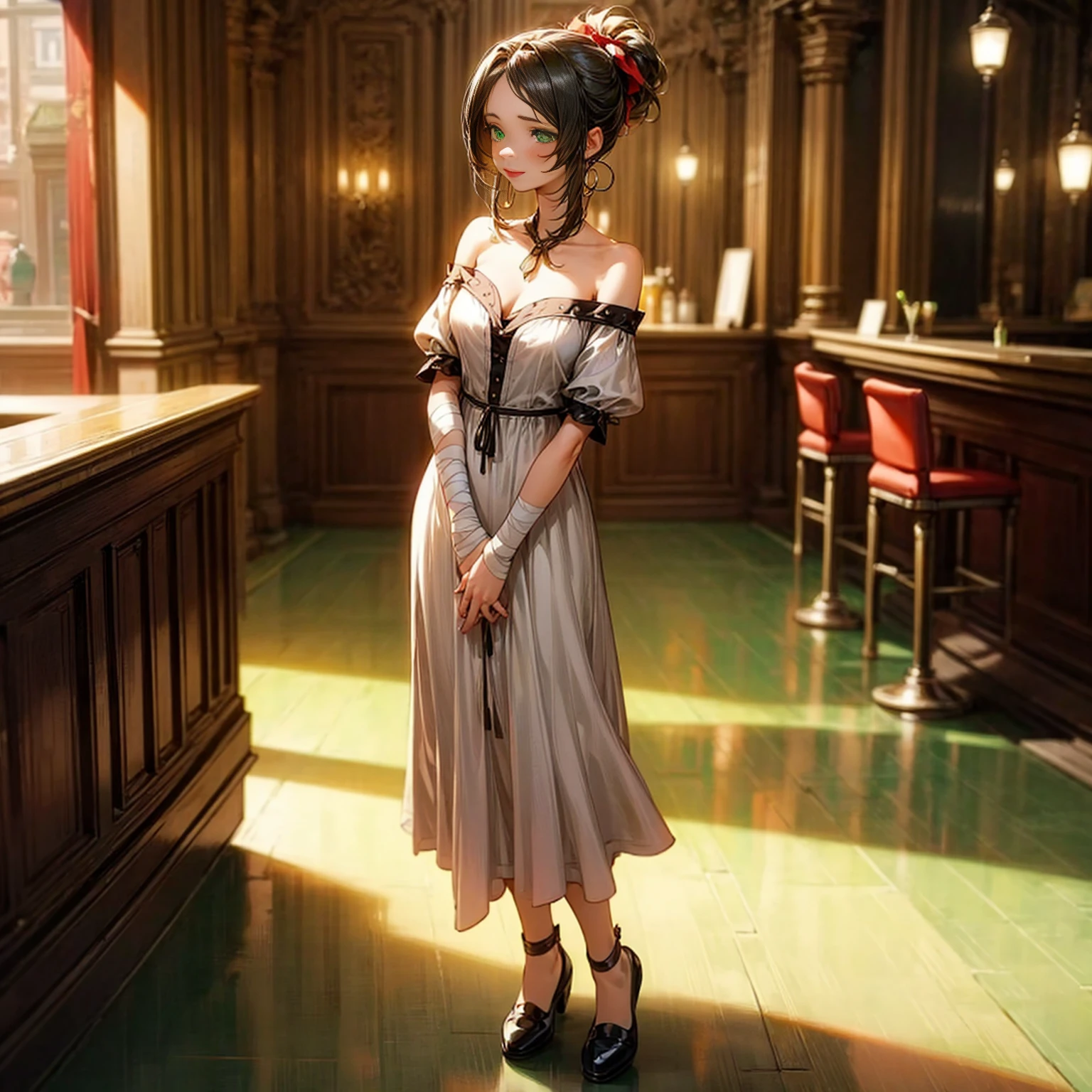 solo, young girl, green eyes, short haircut, ponytail, black hair, bare shoulder clothing, casual outfit, shoes, Bandage, hoop earrings, red lipstick, indoor, medieval town, bar, morning day, full body version, full shot camera, (detailed background, detailed hair, detailed clothing), (Bleach style art), big breasts, sad eyes, smile mouth, standing gesture