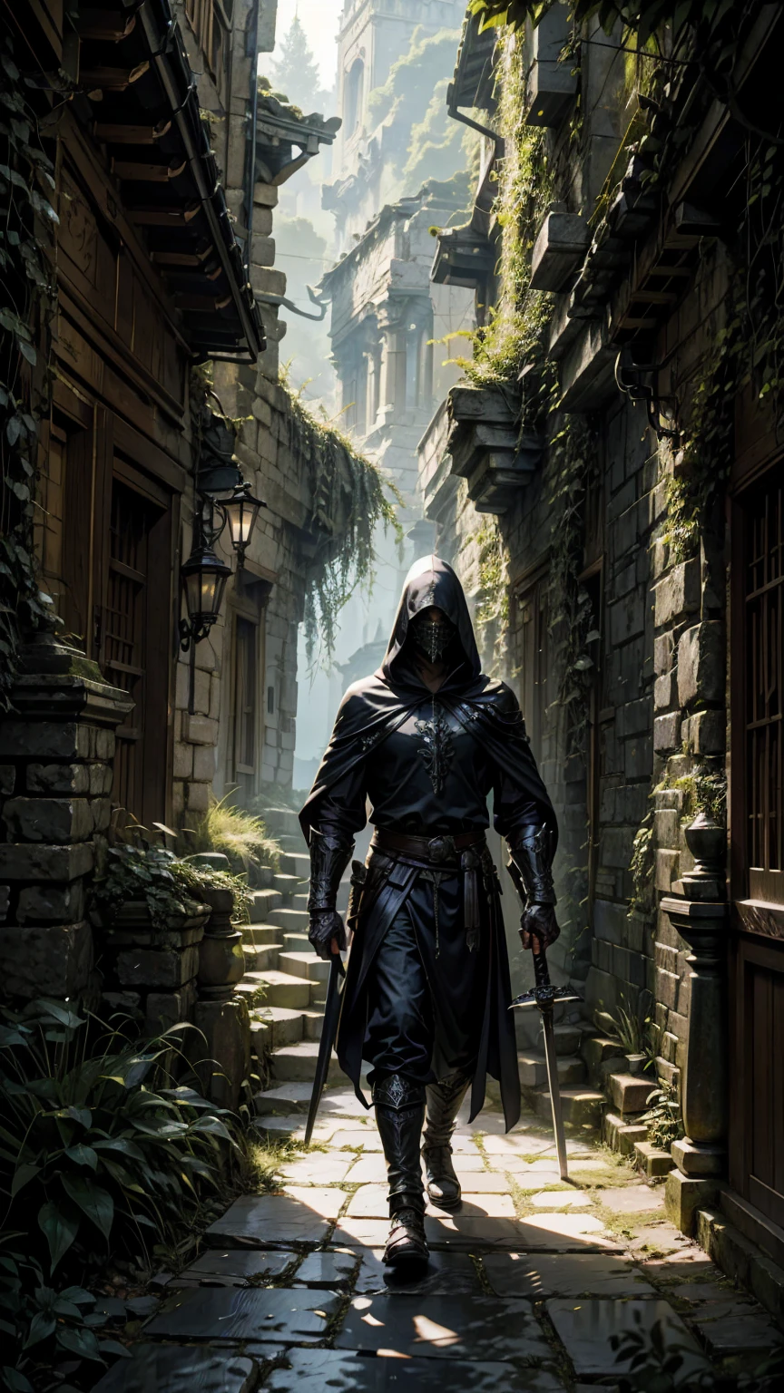 The photo shows a figure in dark armor and hood holding a sword and walking through an ancient stone corridor surrounded by vegetation. The photo has a misty atmosphere that adds to the mystery and mysticism of the setting, --v 6.0 --ar 9:16