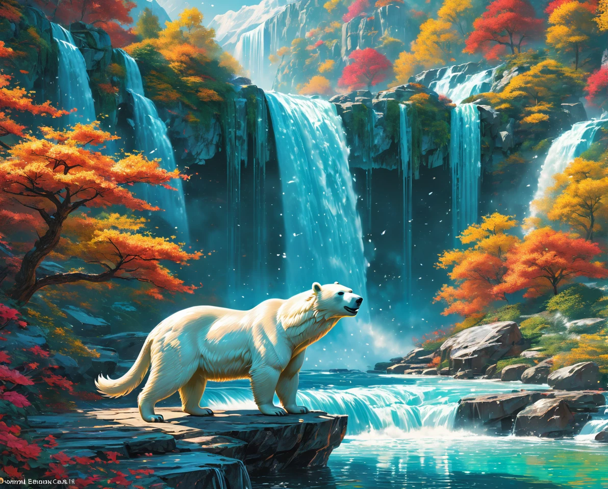 polarbear dragon hybrid. official art is an award-winning digital masterpiece in 4K Ultra HD, featuring extreme detail and intricate realism. It combines the artistry of Wlop and Artgerm in a stunning 2D vector illustration. The background is a tranquil waterfall. bright colorful.