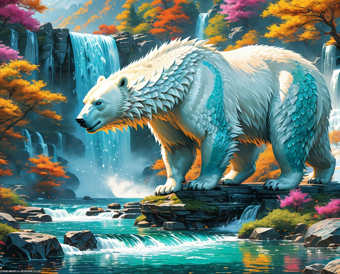 polarbear dragon hybrid. official art is an award-winning digital masterpiece in 4K Ultra HD, featuring extreme detail and intricate realism. It combines the artistry of Wlop and Artgerm in a stunning 2D vector illustration. The background is a tranquil waterfall. bright colorful.