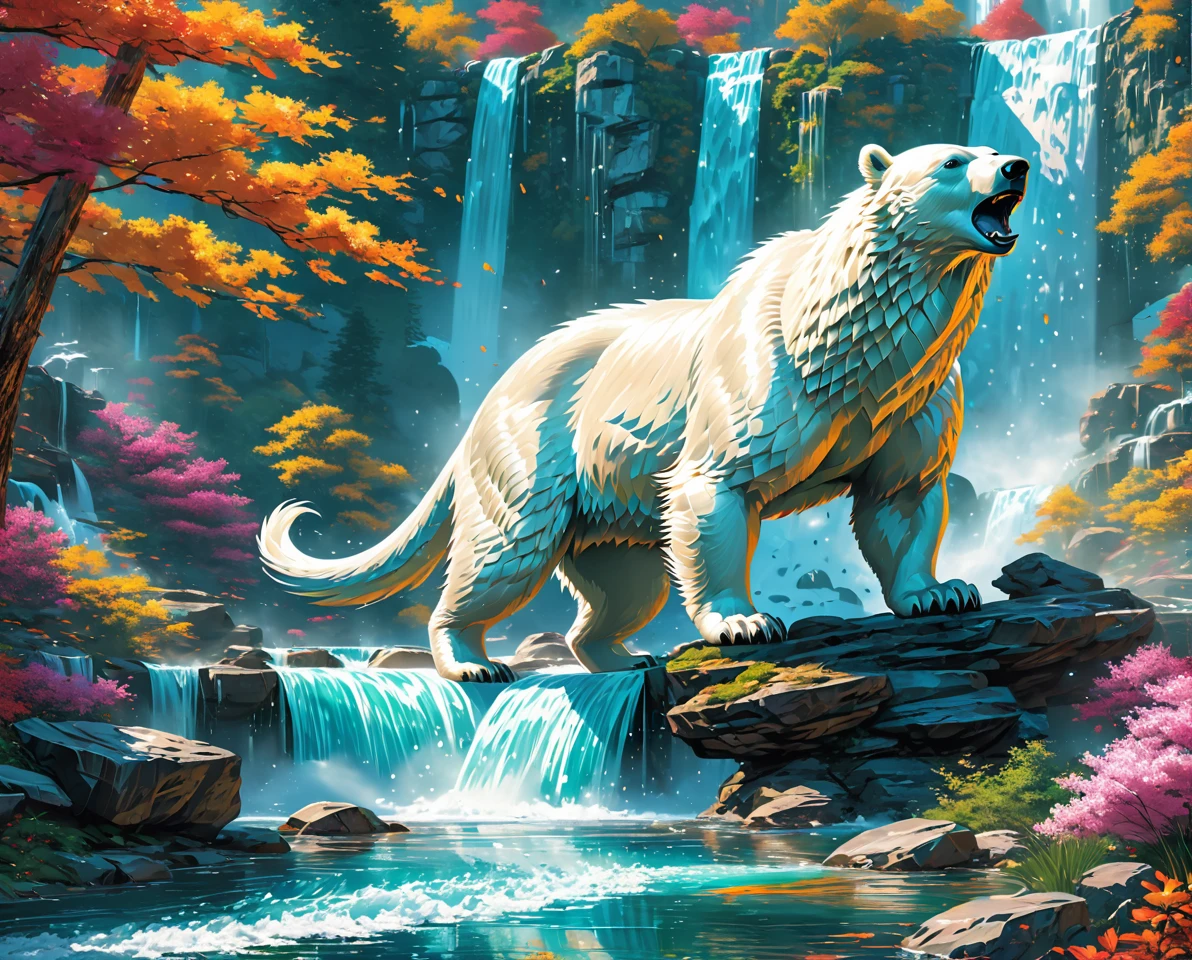 polarbear dragon hybrid. official art is an award-winning digital masterpiece in 4K Ultra HD, featuring extreme detail and intricate realism. It combines the artistry of Wlop and Artgerm in a stunning 2D vector illustration. The background is a tranquil waterfall. bright colorful.