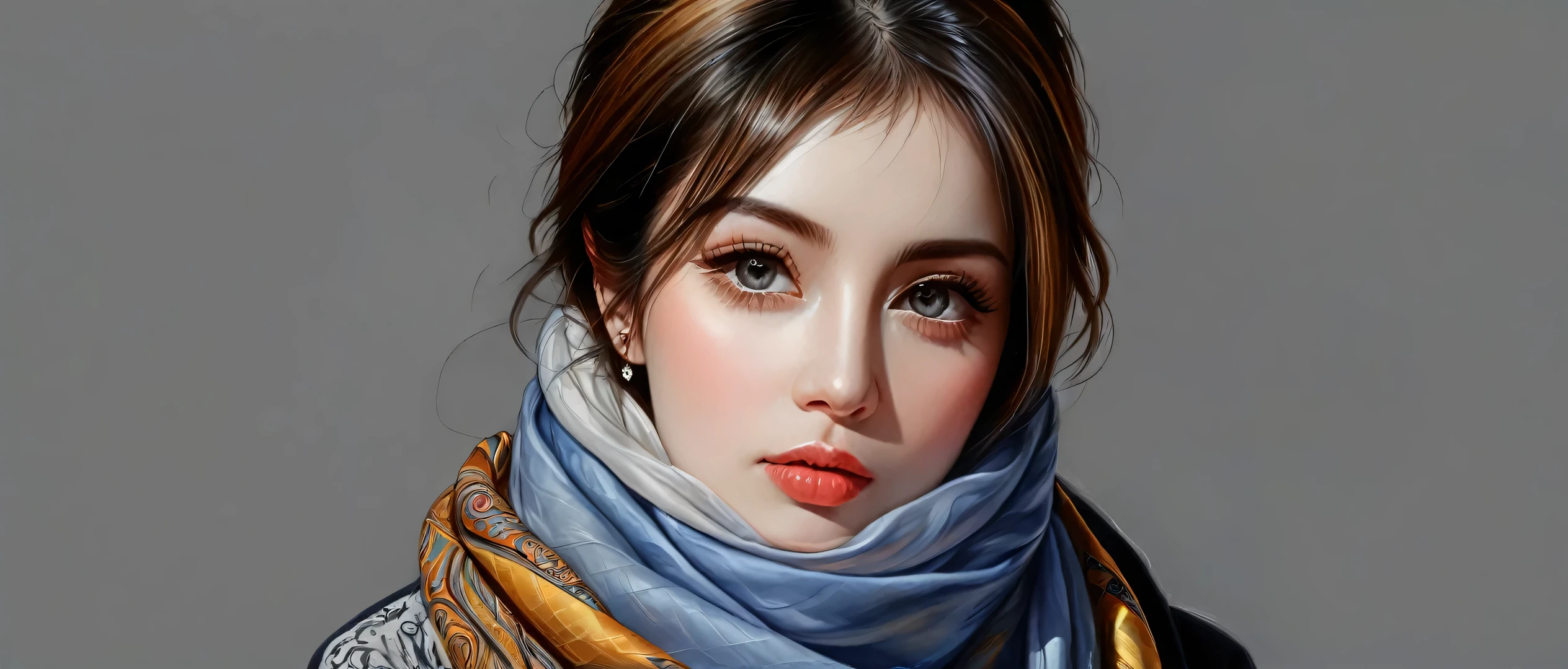 there is a woman with a scarf around her neck, hyper realistic digital painting, hyperrealistic digital painting, photorealistic digital painting, ultra realistic digital painting, realistic digital painting, hyperrealistic eyes, hyper realistic digital art, ultra-realistic digital art, hyper realistic style, hyper realistic eyes, hyperrealistic digital art, perfect photorealistic eyes, realistic digital illustration
