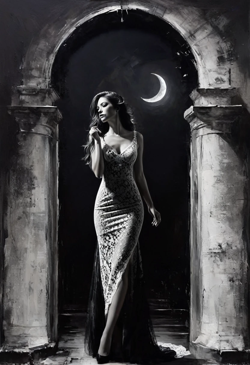 painting of a Sexy Girl and Crescent, Night, Lace Dress Black and White Picture, Dress Train Flies By Image (Art Inspired by Bill Sienkiewicz, Oil Painting), dark atmosphere, cinematic scene, volumetric lights, ultra realistic, in the style of nicola samori