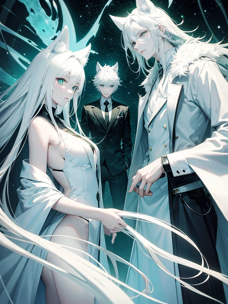 A psychologist with a white coat and wolf ears, beautiful, albino, tall, 28 years old, with his two twin sisters with emerald green eyes.