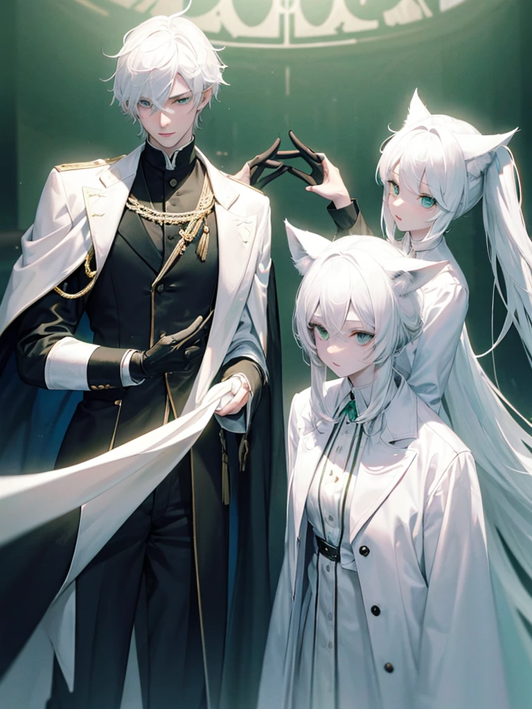 A psychologist with a white coat and wolf ears, beautiful, albino, tall, 28 years old, with his two twin sisters with emerald green eyes.