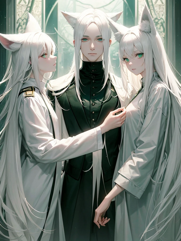 A psychologist with a white coat and wolf ears, beautiful, albino, tall, 28 years old, with his two twin sisters with emerald green eyes.