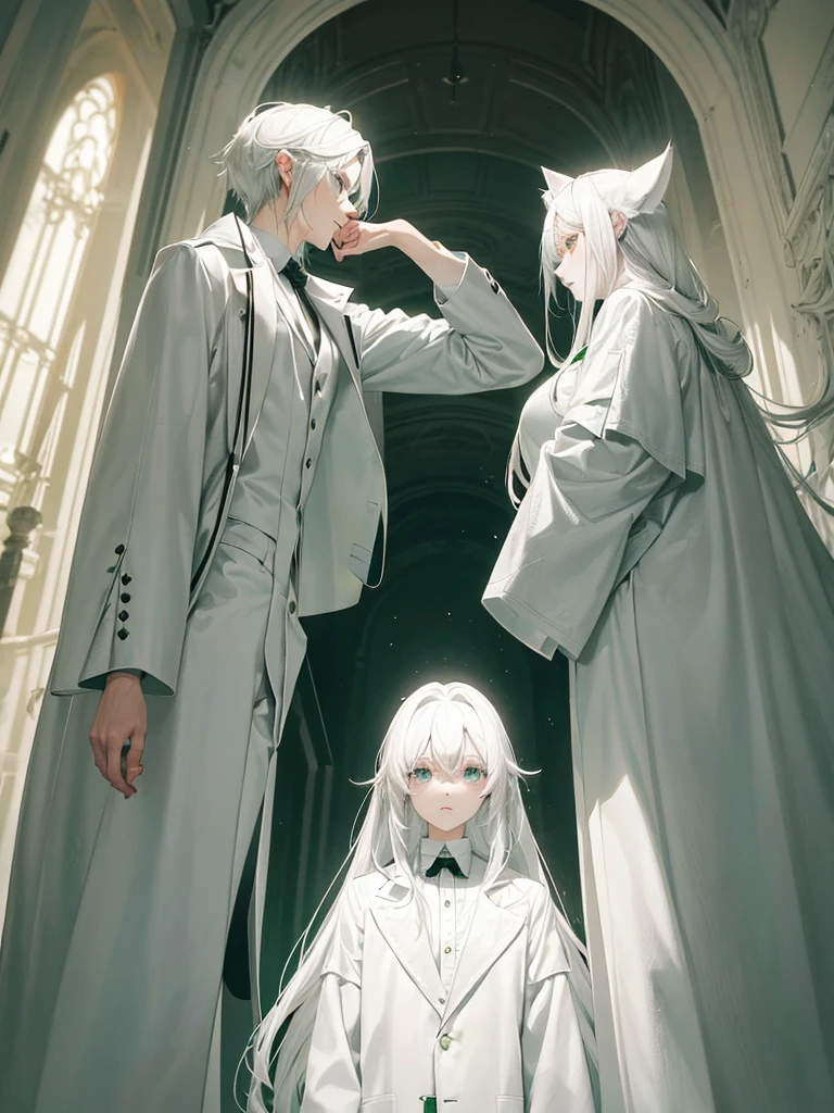 A psychologist with a white coat and wolf ears, beautiful, albino, tall, 28 years old, with his two twin sisters with emerald green eyes.