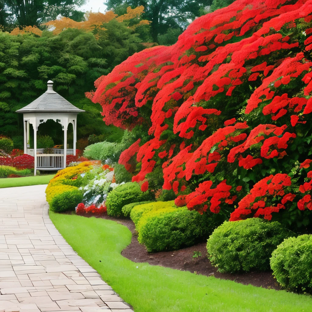 there is a gate in the middle of a garden with red flowers, a digital rendering by Pamela Drew, cg society contest winner, fine art, flame shrubs, in red gardens, cottagecore flower garden, red blooming flowers, autumn overgrowth, glimpse of red, vibrant but dreary red, in a cottagecore flower garden, vibrant red and green colours