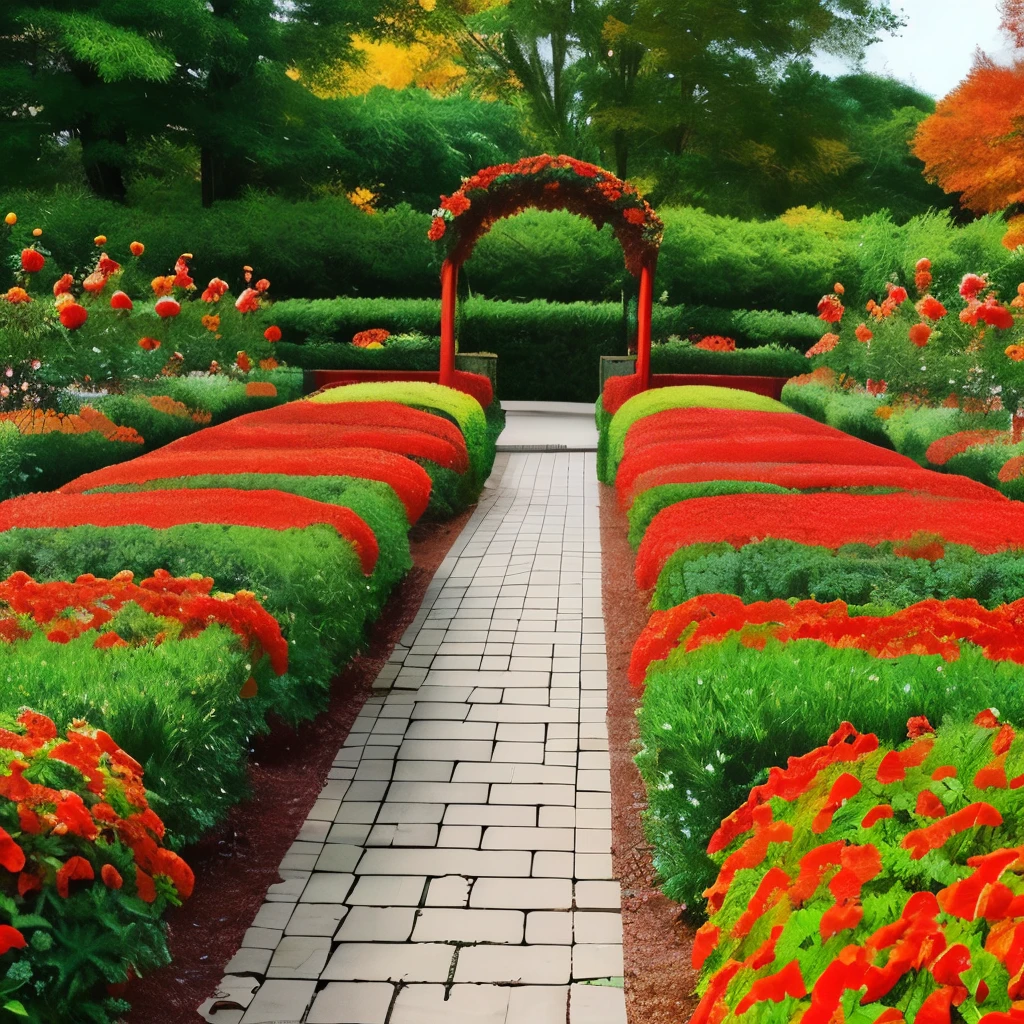 there is a gate in the middle of a garden with red flowers, a digital rendering by Pamela Drew, cg society contest winner, fine art, flame shrubs, in red gardens, cottagecore flower garden, red blooming flowers, autumn overgrowth, glimpse of red, vibrant but dreary red, in a cottagecore flower garden, vibrant red and green colours
