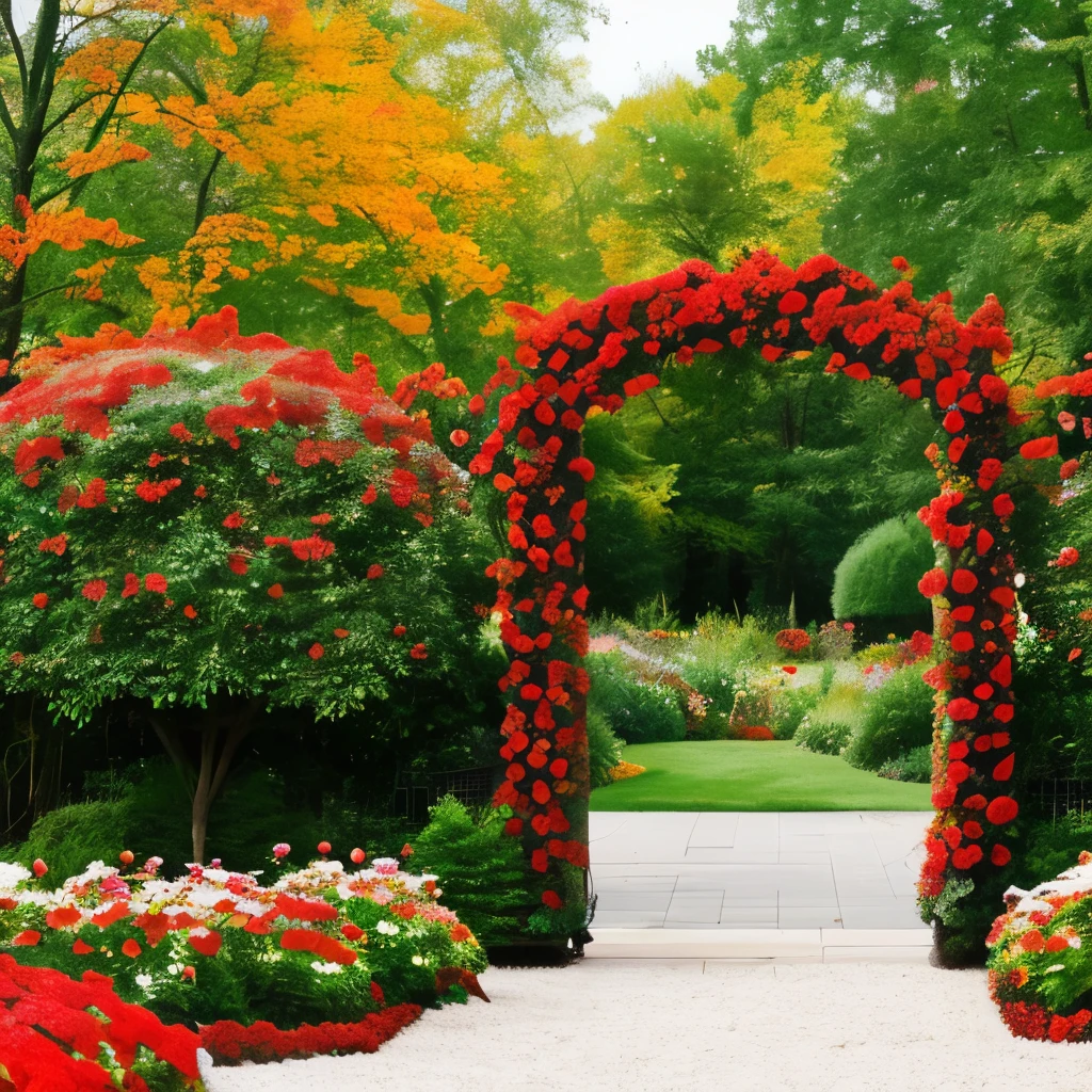 there is a gate in the middle of a garden with red flowers, a digital rendering by Pamela Drew, cg society contest winner, fine art, flame shrubs, in red gardens, cottagecore flower garden, red blooming flowers, autumn overgrowth, glimpse of red, vibrant but dreary red, in a cottagecore flower garden, vibrant red and green colours