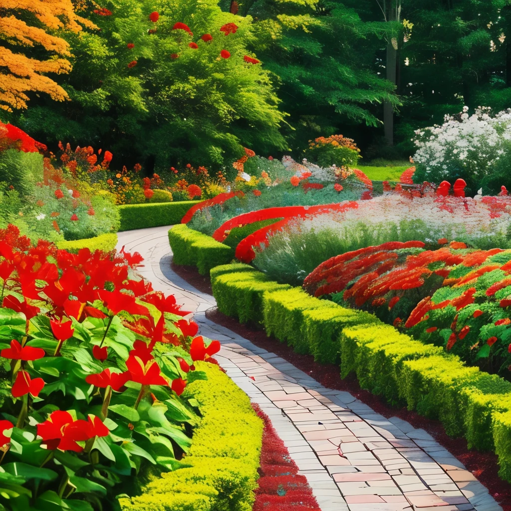 there is a gate in the middle of a garden with red flowers, a digital rendering by Pamela Drew, cg society contest winner, fine art, flame shrubs, in red gardens, cottagecore flower garden, red blooming flowers, autumn overgrowth, glimpse of red, vibrant but dreary red, in a cottagecore flower garden, vibrant red and green colours