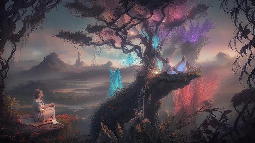 Person meditating. Loose Clothes. belo landscape de um vale florido. Enchanted World. Feeling of contemplation. Symbols of nature. strong and vibrant colors. cinematic lighting.