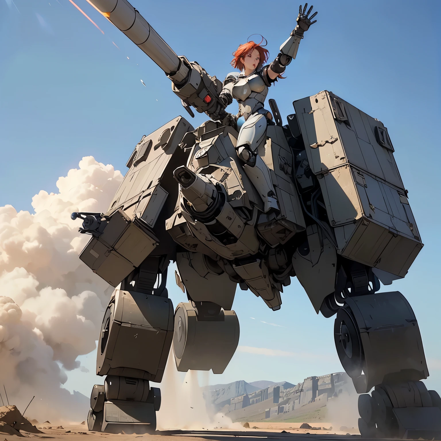nsfw, anime screencap, 16K, perfect anatomy proportion body, perfect hands, action, A dynamic composition with a sense of speed and movement, (open cockpit, Ride a large, heavily armored military bipedal robot:1.6), a wife, 40age, perfect beautiful delicate sexy face, perfect beautiful delicate slanted eyes, red hair, swept bangs pixie cut, medium breasts, Camouflage colored heavy armor robotic steam engine full armor powered suit, Many robot soldiers having a gunfight in the background, Flying bullets, Desert Battlefield, war, Post-apocalyptic,