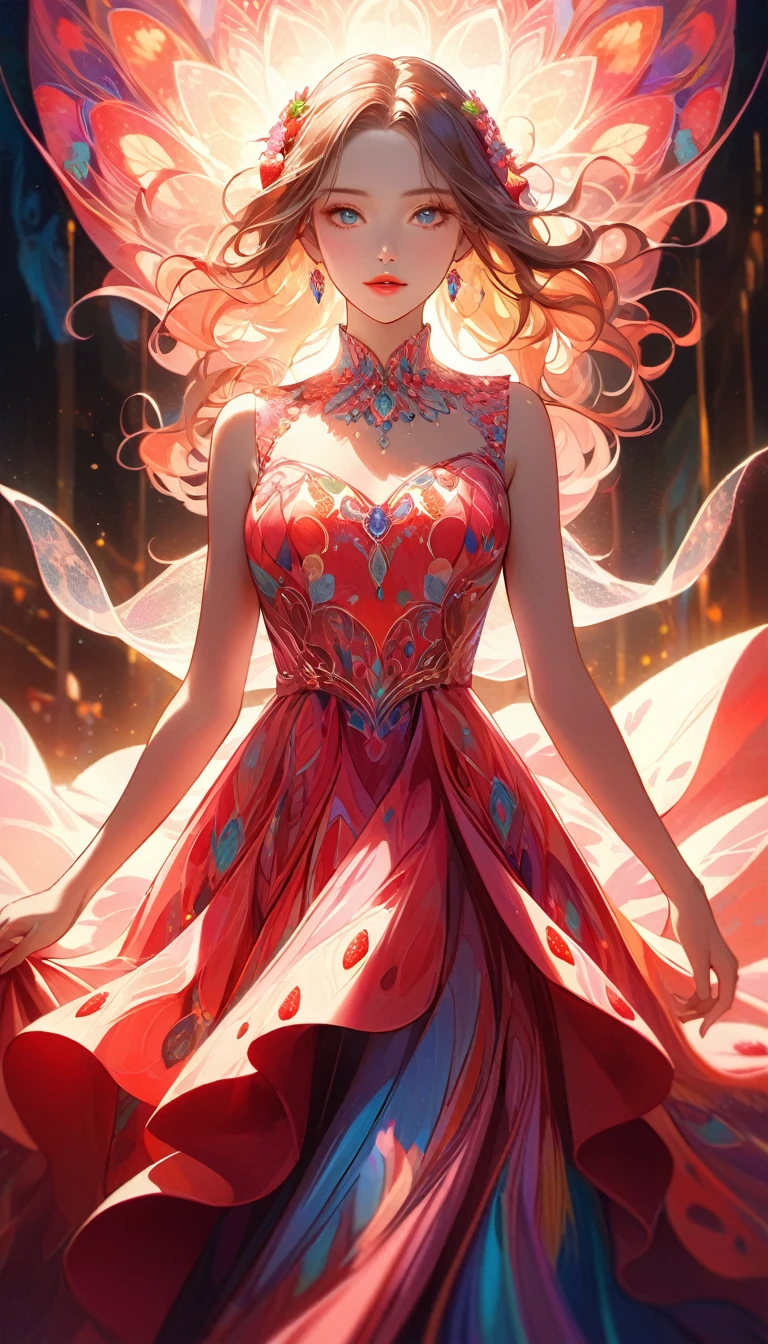 a young woman wearing a strawberry dress, beautiful detailed eyes, beautiful detailed lips, extremely detailed face and features, longeyelashes, elegant pose, graceful, dreamy, abstract strawberry dress, flowing dress, intricate dress strawberry patterns, surreal, digital painting, vibrant colors, warm color palette, glowing lighting, cinematic lighting, photorealistic, 8k, highly detailed, masterpiece