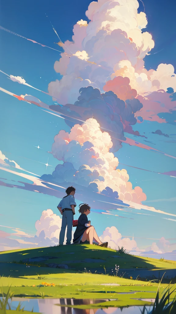 A young man is reaching out to a girl on top of a grassy hill. The sky is a clear blue, and cumulonimbus clouds are spreading out widely. an 80s anime. The sky is reflected in a puddle,(bestquality 1.4),(detail1.4),(Masterpiece1.4)