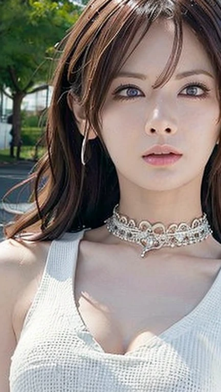 Close up portrait of woman in white vest and skirt, light milky white porcelain skin, smooth translucent white skin, A seductive anime girl, beautiful and seductive anime woman, ultrarealistic sweet bunny girl, pale porcelain white skin, Smooth and realistic perfect body, Anime girl cosplay, realistic shadow perfect body, guweiz masterpiece、(Nipple Covers)、(Choker Necklace)、(Platinum Jewelry)、(Lace-up costume)、(Sad expression)