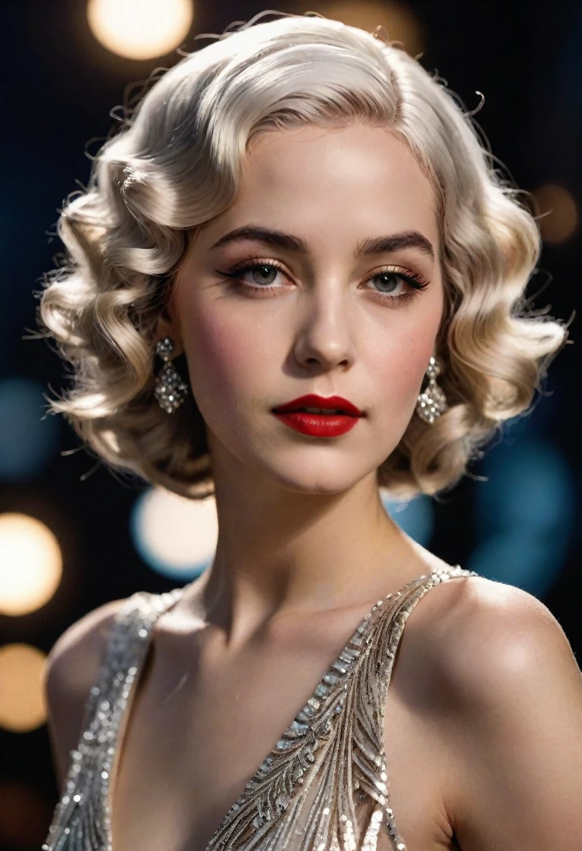 girl, 20 years old, (((elegant 1920s singer))), (((French ethnicity))), waterwave hairstyle, vintage sequined dress, femme fatale, photorealism, highly detailed, ultra quality, cinematic lighting, realistic skin texture, (((white hair))) (feminine), ((alluring facial expression)), ((exquisitely detailed facial features)), ((perfect eyes)), 8k wallpaper, nikon, trending on Artstation, trending on CGSociety, (sensual), ((full lips)), (((slim waist))), (((wide hips)))