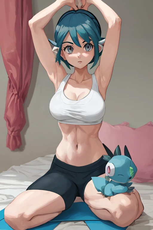 Undressed Pokemon trainer doing yoga