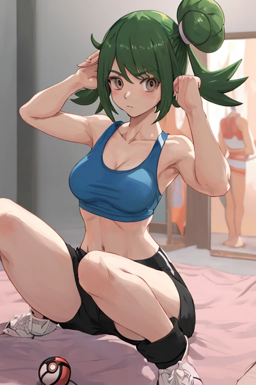 Undressed Pokemon trainer doing yoga