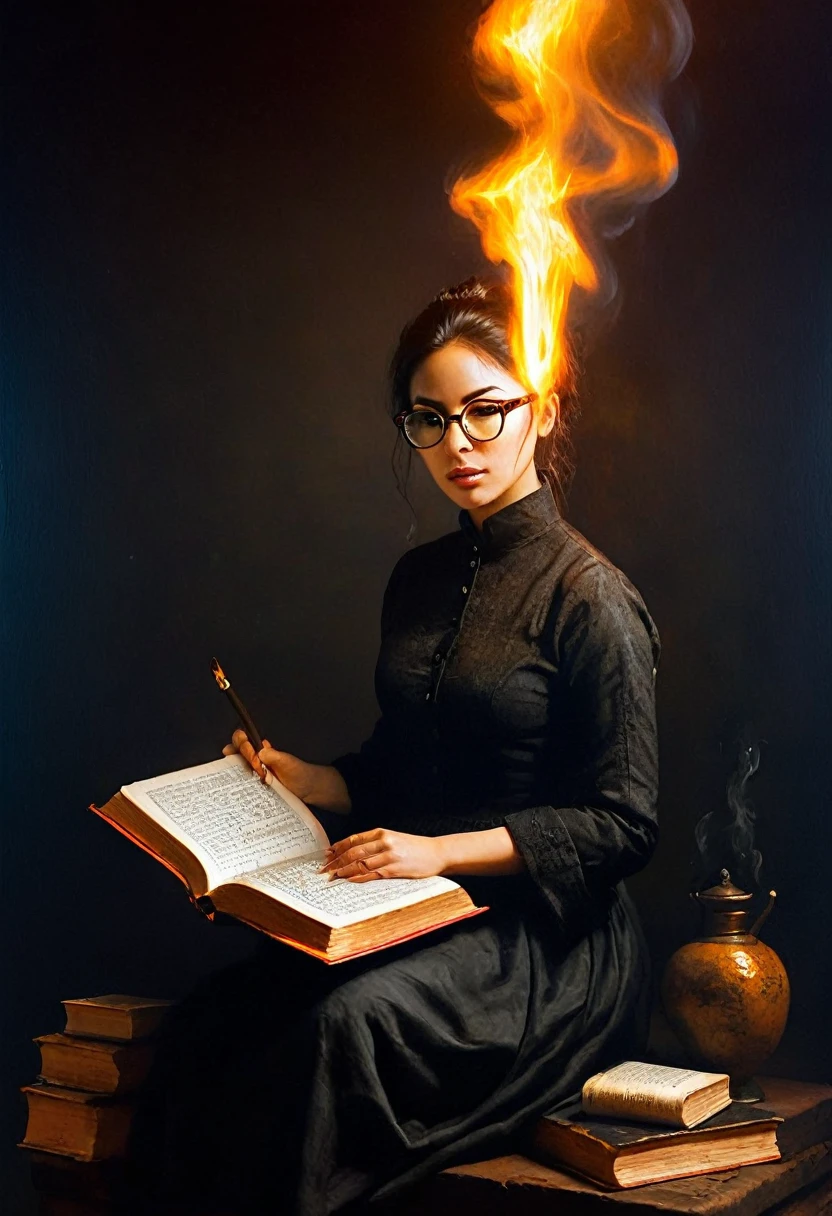 painting of a woman, sitting on a book, mathematical formulas, one pair of glasses, holding a fire rule, HD lighting and dark )<=(epic image quality)dark atmosphere with bright particle light(many effects in background, Background formula.void,black hole, dark atmosphere, cinematic scene, volumetric lights, ultra realistic, in the style of nicola samori