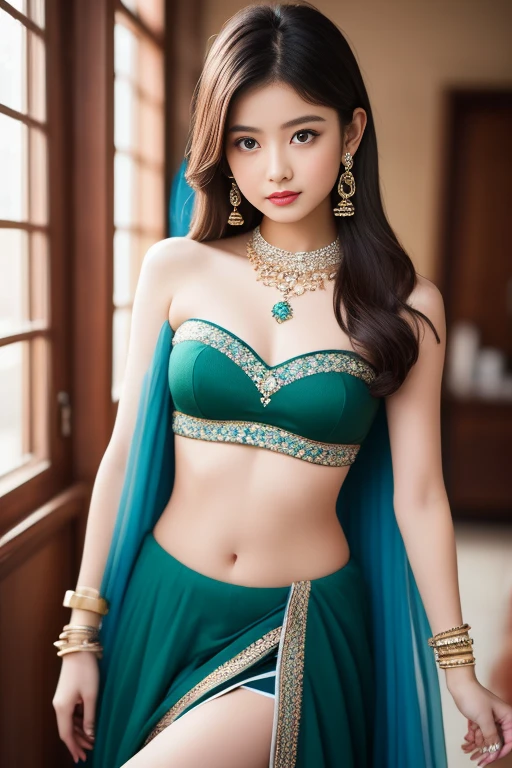 ((Medium breasts, )),  (Well-defined abs : 1.1), (Perfect body : 1.1), full-length photo, (Ripped tube top:1.3), (Extremely detailed CG 8k wallpaper), (Extremely delicate and beautiful), (masterpiece), (best quality:1.0), Delicate skin, Extremely detailed photorealistic, 1girl, ((slim body)), long hair, gradient hair, solo, detailed eyes, jewelry, bracelet, choker, small breasts, looking at viewer, realistic, necklace, (((green princess))), long skirt, thigh highs, green cape, sardine, lace, evening, sunlight, clouds, in the sky, clouds, realistic sun light,, detailed, upper body,4K, Ultra-high resolution, masterpiece, 1 girl, Nice face, Fine grain, Detailed lips, Very long hair, Straight hair, Very long hair, Beautiful Hair, hair Decorations, hair band, Gradient Hair, ((Indigo Lehenga)), ((Bridal Lehenga)), ((Decorative blouse)), sardine, ((Lehenga Jewelry)), ((Indigo lace)), ((Diamond Bracelets)), ((meanwhile)), Decorations, necklace, Earrings, high intensity lighting, ((Bare Belly)), Wedding Stage, Fujicolor, Depth of written boundary, Ray Tracing, Ultra-Realistic Details, two 18 year old tween girls trying on cute clothes, two close friends, colored hair, collar, skinny body, detailed pupils, beautiful face, perfect faces like young asian models, tattoo, touching each other, back straps, innocent expression, enticing, full body showing legs, garter with stockings, good lighting, high heels, cute glasses, kawai cosplay girls, strapped colored dresses with cutouts slits, bright playful, thin model, cute young teen girls