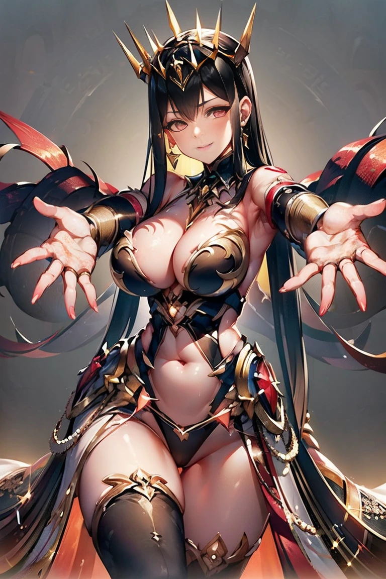 (((outstretched arms, outstretched hand, outstretched fingers))), perfect female hands and fingers, black hair, bare shoulder, red eyes, very long hair, cleavage, large breasts, dress, showgirl skirt, high-leg, cleavage cutout, tiara, bare thighs, gauntlets, bare shoulder, bare nails, bare fingers, bare hands, good hands, best hands, Correctly aligned fingers, extremely detailed hands and fingers, ultra detailed hands and fingers, super detailed hands and fingers, biologically accurate hands and fingers, 4 fingers and 1thumb accurate hands and fingers, beautiful hands and fingers, hands and fingers drawing, human hand and fingers, perfect arrangement of fingers, detail focus hands, perfection hands, better hands, adult face, fearless face, both arms, two arms, both hands, two hands, super fine illustration, masterpiece, masterwork, by famous artist, official art, ultra high res, best quality, high quality, Hand, detailed, perfect, perfection , hands, both hands is Thumb and index finger and middle finger and ring finger and little finger, symmetrical hands, even hands, panties, thighhighs, symmetrical bangs, gleaming skin, oil skin, shiny skin, wet skin, sweat, rouge, exquisite, beautiful,cg unity 8k wall paper, perfect face, ultra detailed beautiful face, perfect nose, perfect mouth, clear eyes, light eyes, perfect eyes, symmetrical eyes, even eyes, 16k, absurdres, perfect body, perfect anatomy, perfect proportion, perfect arms, perfect torso,