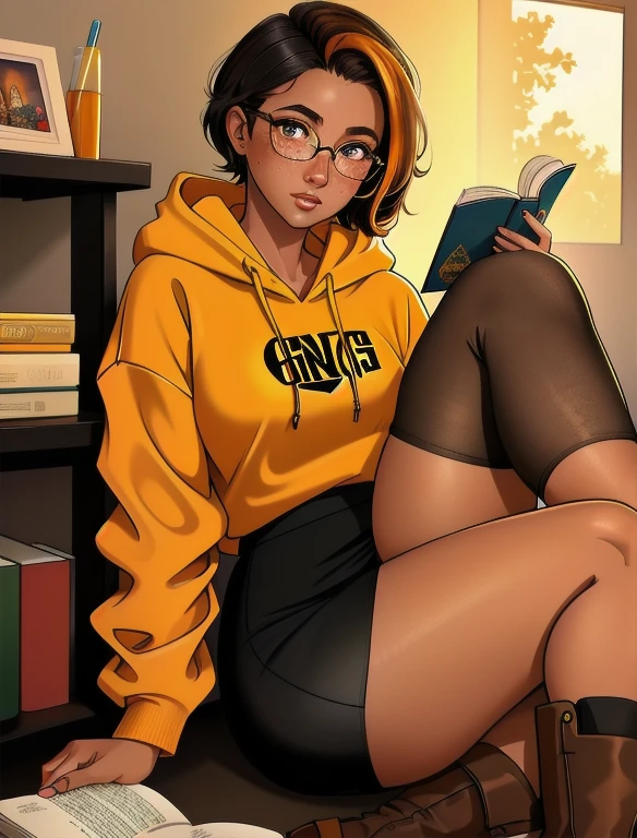 (masterpiece,best quality,absurdres,beautiful,aesthetic,detailed), (Detailed face:1.2), (Detailed eyes:1.2), 1girl, solo, 20 year old college student, she has tan-bronze skin with some freckles, short black hair with orange highlights, amber colored eyes, (she's wearing a yellow hoodie, black pencil skirt, reading glasses and boots)

