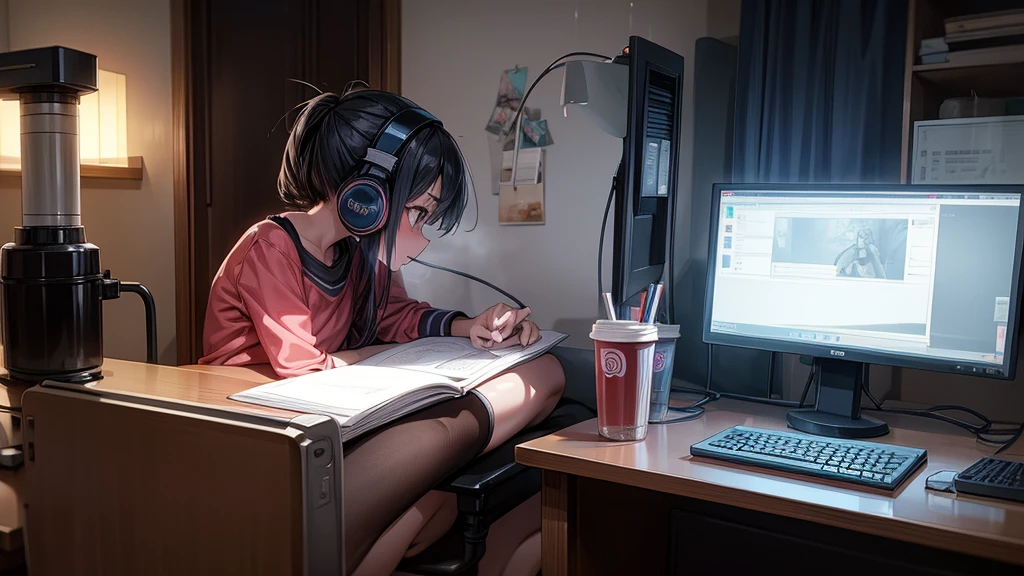 "Full-body anime-style 10-year-old girl in casual clothing, wearing headphones, sitting in profile at her computer while studying in her room. The scene is calm and nocturnal with a steaming cup of coffee on the desk. Only the girl is visible."