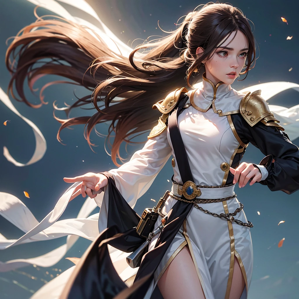 brown hair girl face. White eye, silver eye. Sun at dawn reflecting on hair. Ponytail. Light suit made of cloth secret soldier like.