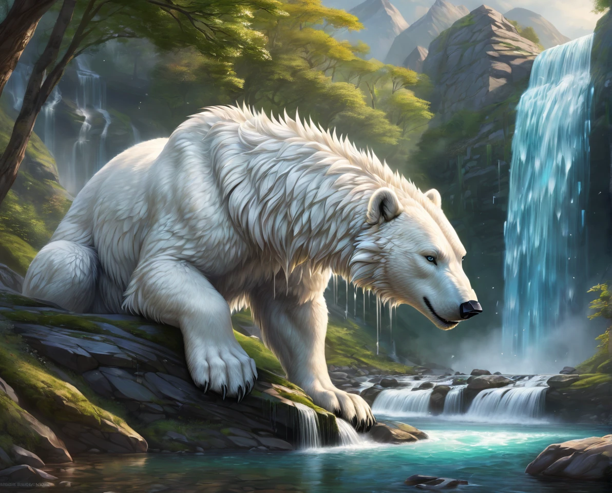 polarbear dragon hybrid. official art is an award-winning digital masterpiece in 4K Ultra HD, featuring extreme detail and intricate realism. It combines the artistry of Wlop and Artgerm in a stunning 2D vector illustration. The background is a tranquil waterfall. bright colorful.