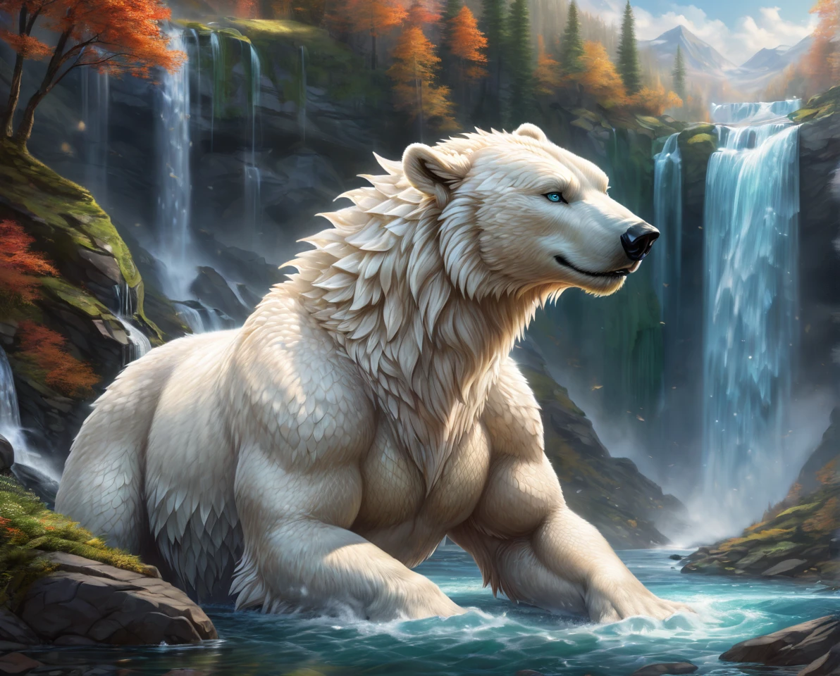 polarbear dragon hybrid. official art is an award-winning digital masterpiece in 4K Ultra HD, featuring extreme detail and intricate realism. It combines the artistry of Wlop and Artgerm in a stunning 2D vector illustration. The background is a tranquil waterfall. bright colorful.