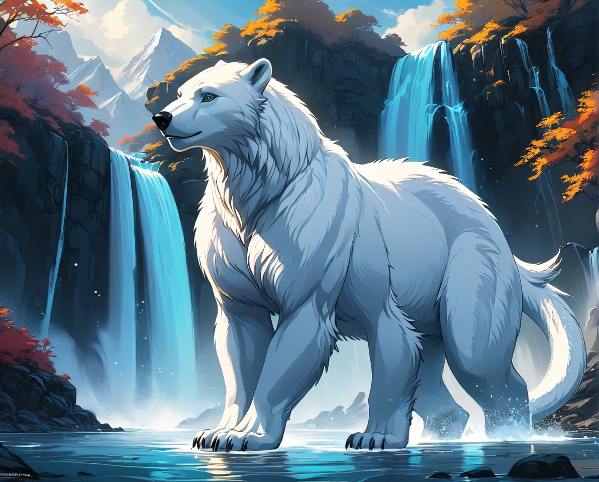 polarbear dragon hybrid. official art is an award-winning digital masterpiece in 4K Ultra HD, featuring extreme detail and intricate realism. It combines the artistry of Wlop and Artgerm in a stunning 2D vector illustration. The background is a tranquil waterfall. bright colorful.