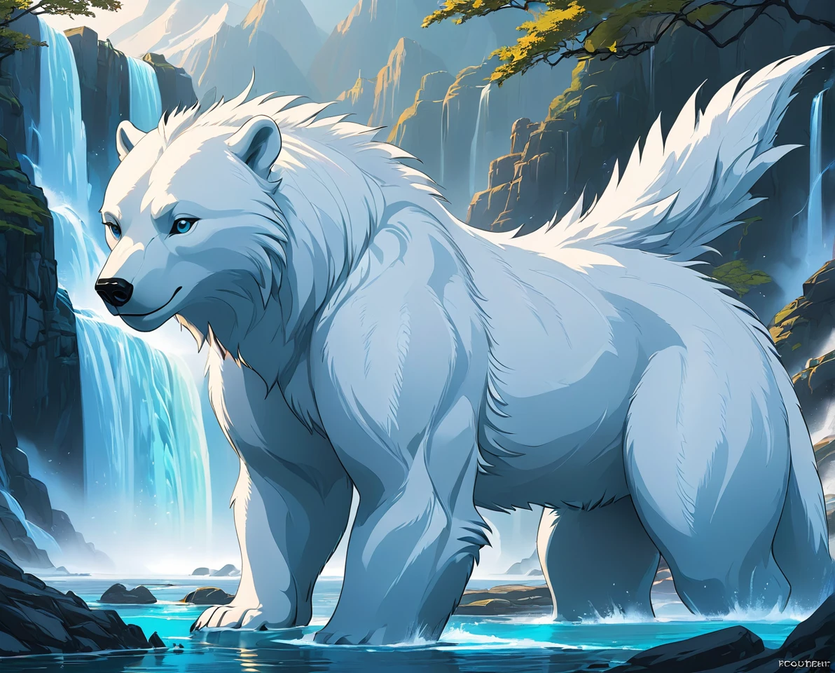 polarbear dragon hybrid. official art is an award-winning digital masterpiece in 4K Ultra HD, featuring extreme detail and intricate realism. It combines the artistry of Wlop and Artgerm in a stunning 2D vector illustration. The background is a tranquil waterfall. bright colorful.