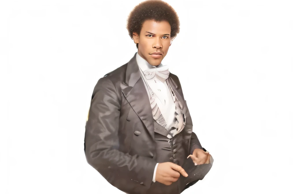 1800’s style Afro from 1862, Black Open Blazer, white dress shirt with red bow tie and a light grey dress vest, man looks like Joseph Jenkins Roberts