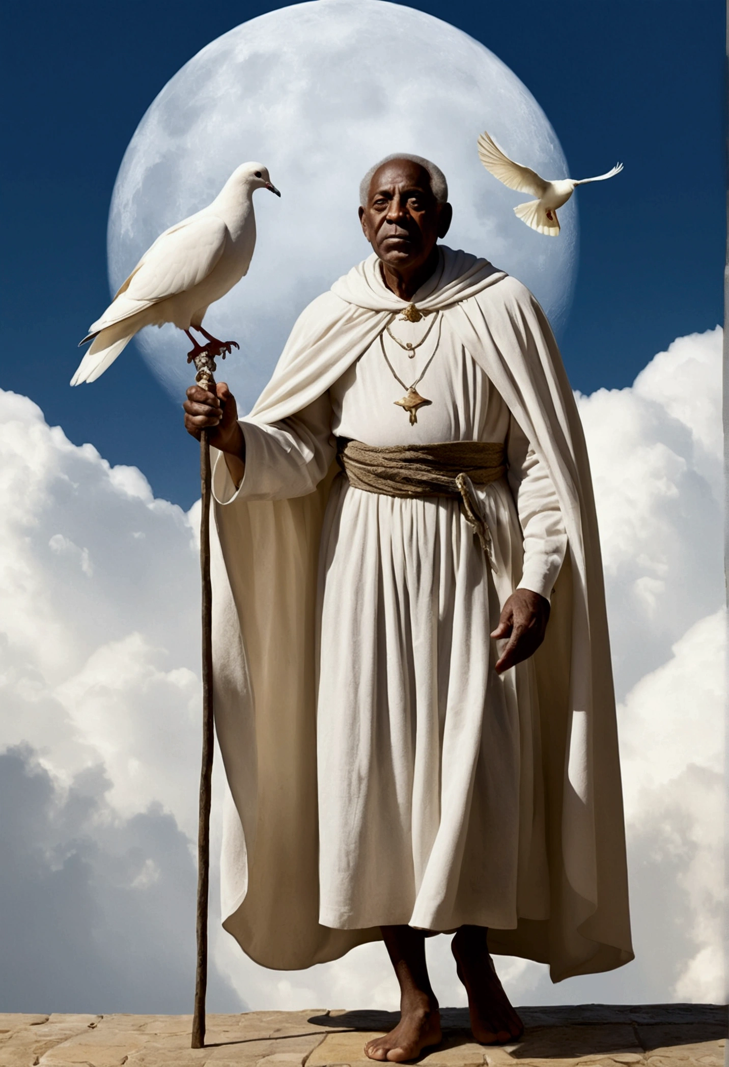 Very old looking black man, a little hunchbacked, wears a white cloak, and a staff, has a white dove in his hand, bare feet, seems to be in the clouds,