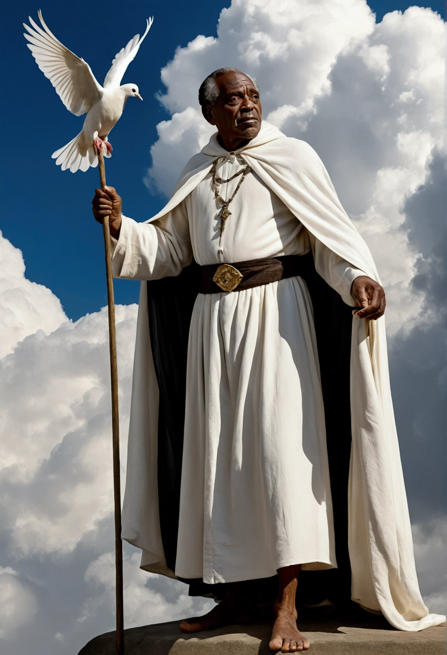 Very old looking black man, a little hunchbacked, wears a white cloak, and a staff, has a white dove in his hand, bare feet, seems to be in the clouds,