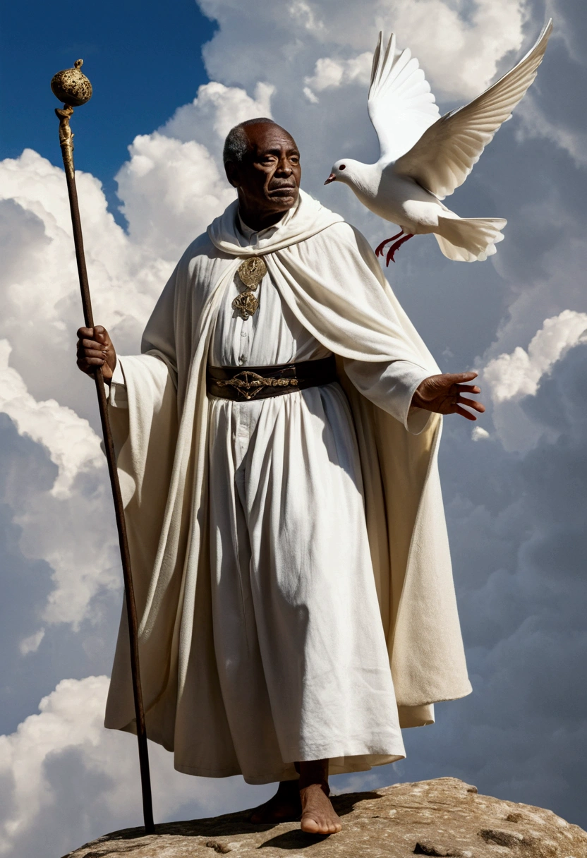 Very old looking black man, a little hunchbacked, wears a white cloak, and a staff, has a white dove in his hand, bare feet, seems to be in the clouds,