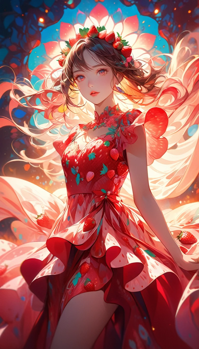 a young woman wearing a strawberry dress, beautiful detailed eyes, beautiful detailed lips, extremely detailed face and features, longeyelashes, elegant pose, graceful, dreamy, abstract strawberry dress, flowing dress, intricate dress strawberry patterns, surreal, digital painting, vibrant colors, warm color palette, glowing lighting, cinematic lighting, photorealistic, 8k, highly detailed, masterpiece