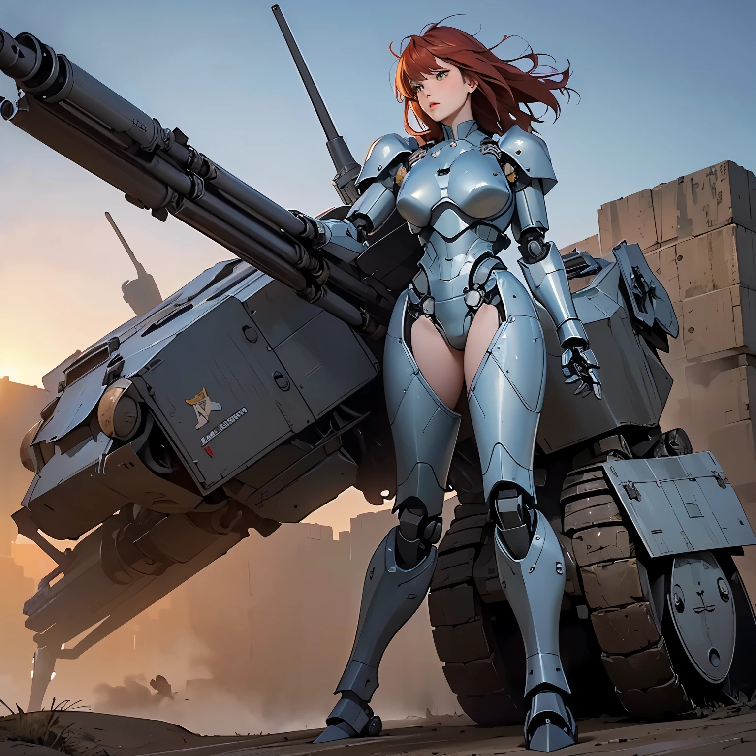 nsfw, anime screencap, 16K, perfect anatomy proportion body, perfect hands, action, A dynamic composition with a sense of speed and movement, (open cockpit, Ride a large, heavily armored military bipedal robot:1.6), a wife, 40age, perfect beautiful delicate sexy face, perfect beautiful delicate slanted eyes, red hair, swept bangs pixie cut, medium breasts, Camouflage colored heavy armor robotic steam engine full armor powered suit, Many robot soldiers having a gunfight in the background, Flying bullets, Desert Battlefield, war, Post-apocalyptic,