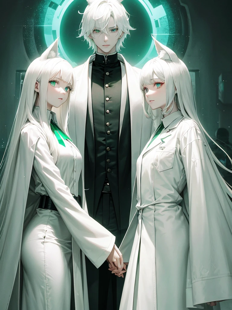 A psychologist with a white coat and wolf ears, beautiful, albino, tall, 28 years old, with his two twin sisters with emerald green eyes.
