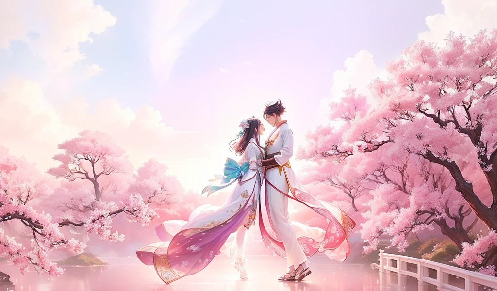 a couple in traditional chinese hanfu clothing, breathtaking digital art, intricate anime style, beautiful romantic scene, elegant boy and girl, dreamy fantasy landscape, serene peaceful atmosphere, romantic concept art, popular cgstation digital artwork, stunning digital painting, detailed anime background, xianxia fantasy palace, beautiful girl in hanfu