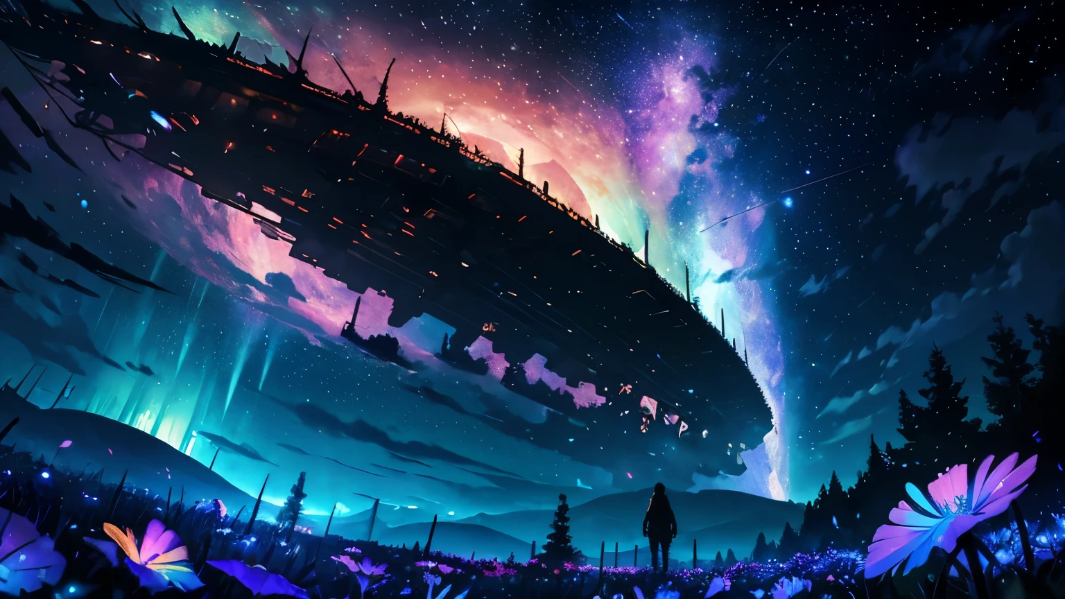 Photographs of vast landscapes, (View from below, Sky and forest below),  Standing in a flower garden and looking up, (full moon: 1.2), (meteor: 0.9), (nebula: 1.3), Distant Mountain々, Making art by breaking wood, (Warm light source: 1.2), (fire Fly: 1.2), Light, Cyan and orange, Intricate details, Volumetric lighting, Realism Rest (masterpiece: 1.2) (Highest quality), 4K, Very delicate, (moving composition: 1.4), Colorful details with attention to detail, (Rainbow colors: 1.2), (Glow Lighting, Atmospheric lighting), dream-like, Magic, (alone: 1.2)
